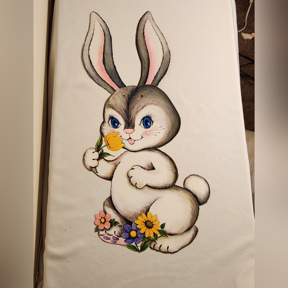 Adorable 1990s 25 Inch Easter Bunny With Blue Eyes Jointed Ears Die Cut Decor